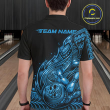 Load image into Gallery viewer, Custom Black And Blue Tribal Flame Bowling Men Polo Shirts, Polynesian Bowler Outfit IPHW10975