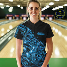 Load image into Gallery viewer, Custom Black And Blue Tribal Flame Bowling Women Shirts, Polynesian Bowler Outfit IPHW10975