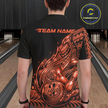 Load image into Gallery viewer, Custom Black And Orange Tribal Flame Bowling Men Polo Shirts, Polynesian Bowler Outfit IPHW10976