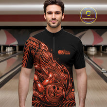Load image into Gallery viewer, Custom Black And Orange Tribal Flame Bowling Men Quarter-Zip Shirts, Polynesian Bowler Outfit IPHW10976