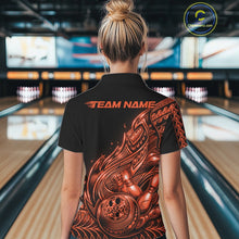 Load image into Gallery viewer, Custom Black And Orange Tribal Flame Bowling Women Shirts, Polynesian Bowler Outfit IPHW10976