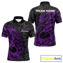 Load image into Gallery viewer, Custom Black And Purple Tribal Polynesian Bowling Team Men Shirts, Niho Mano Bowling Shirt IPHW10756