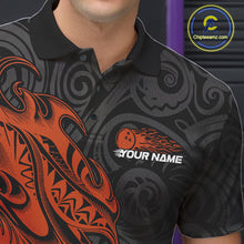 Load image into Gallery viewer, Custom Black And Orange Tribal Polynesian Bowling Team Men Shirts, Niho Mano Bowling Shirt IPHW10759