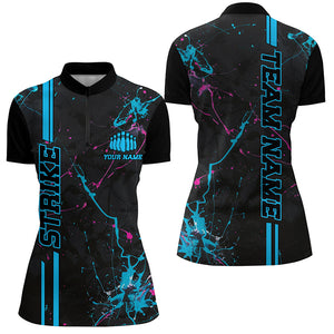 Custom Blue And Pink Strike Bowling Shirts For Women, Camo Bowling Team Jerseys IPHW6429