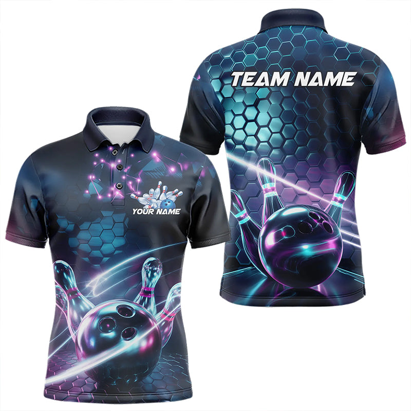 Custom Hexagon Holographic Bowling Team Men Polo Shirts, Galaxy Bowling League Shirt IPHW8903