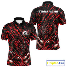 Load image into Gallery viewer, Custom red dragon bowling shirt with vibrant lightning accents a fierce dragon and pins