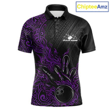Load image into Gallery viewer, Custom Black And Purple Tribal Flame Bowling Ball Bowling Team Shirts, Polynesian Bowling Tournament Shirt IPHW10505