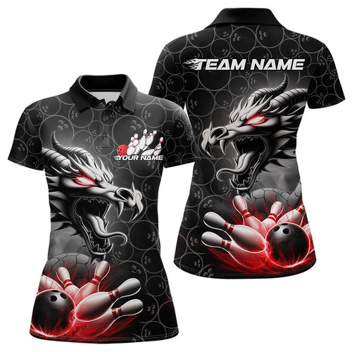Custom Black And Red Dragon Bowling Women Polo Shirts, Bowling Pattern Dragon Bowler Outfit IPHW8916