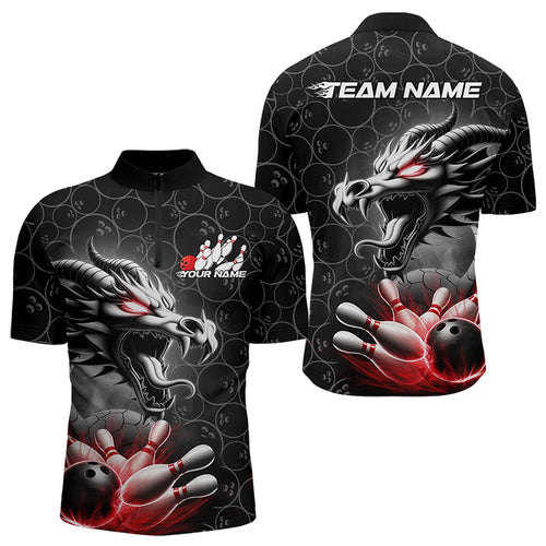 Custom Black And Red Dragon Bowling Men Quarter-Zip Shirts, Bowling Pattern Dragon Bowler Outfit IPHW8916