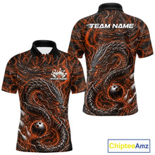 Load image into Gallery viewer, Custom sublimated bowling polo shirt with an orange oriental dragon design wrapping around a bowling ball