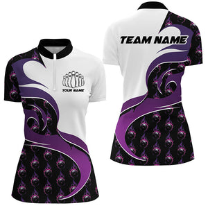 Customized Purple Flame Bowling Polo Shirts For Women, Bowling Team Shirts Outfit Bowling IPHW6972