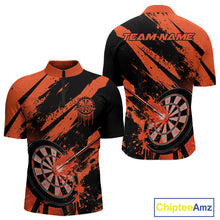 Load image into Gallery viewer, Custom Grunge Black And Orange Dart Jerseys, Flame Dart Tip Hit Bullseye Men Quarter-Zip Shirt IPHW10058
