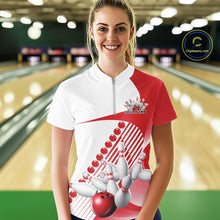 Load image into Gallery viewer, Custom White And Red Bowling Ball And Pins Women Quarter-Zip Shirt, Bowling Team Jerseys IPHW11318