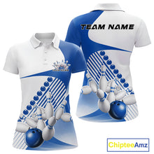 Load image into Gallery viewer, Custom White And Blue Bowling Ball And Pins Women Polo Shirt, Bowling Team Jerseys IPHW11319