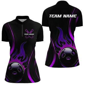 Custom Purple Flame Bowling Polo Shirts For Women, Team Bowling League Shirts IPHW6988