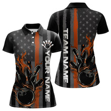 Load image into Gallery viewer, Brown Line American Flag Custom Patriotic Flame Womens Bowling Polo Shirt, US Bowling Shirt IPHW8638