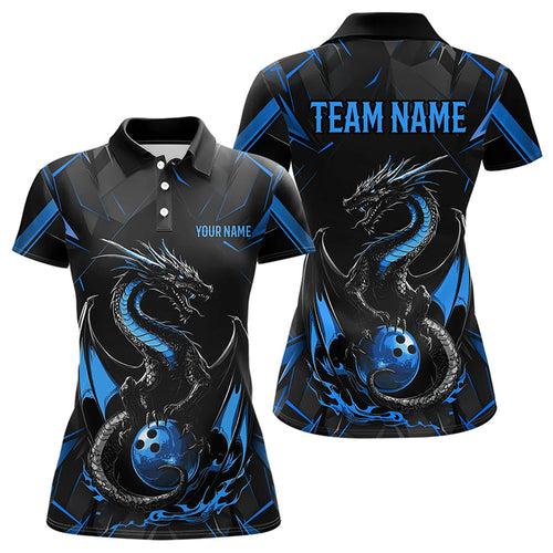 Custom Black And Blue Dragon Bowling Polo Shirts For Women, Dragon Bowling Team Uniform IPHW8639