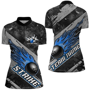 Black And Blue Flame Bowling Ball Custom Team Shirts For Women, Tournament Team Jerseys IPHW6479
