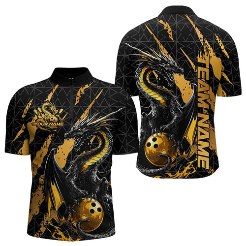 Custom Black And Gold Dragon Bowling Team Quarter-Zip Shirts For Men, Dragon Bowling Jerseys IPHW8923