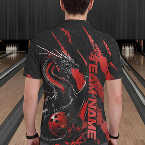Custom Black And Red Dragon Bowling Team Polo Shirts For Men, Dragon Bowling Jerseys IPHW8924
