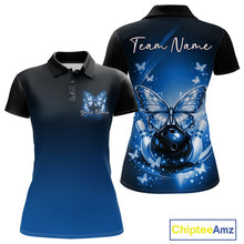 Load image into Gallery viewer, Custom Blue Butterfly Bowling Women Polo Shirt, Bowling Tournament Team Shirt IPHW11034