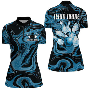 Blue Camo Custom Bowling Team Shirts For Women, Bowling Tournament Jerseys IPHW6489