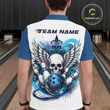 Load image into Gallery viewer, Person wearing a bowling jersey with a skull and wings design in a bowling alley.
