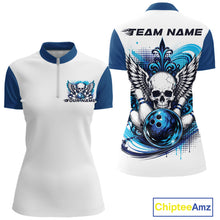 Load image into Gallery viewer, Front and back views of a white womens bowling shirt with quarter zip collar, blue skull-themed bowling graphic with black wings, pins, bowling ball
