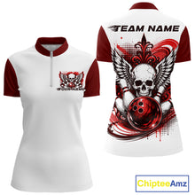 Load image into Gallery viewer, Front and back views of a white womens bowling shirt with quarter zip collar, red skull-themed bowling graphic with black wings, pins, bowling ball
