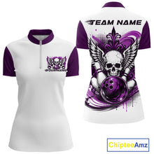 Load image into Gallery viewer, Front and back views of a white womens bowling shirt with quarter zip collar, purple skull-themed bowling graphic with black wings, pins, bowling ball