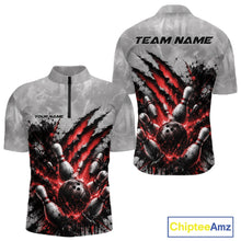 Load image into Gallery viewer, Front and back view of a men's bowling quarter zip shirt mockup featuring a dramatic red bowling ball and pins graphic with claw-mark artwork on a gray shirt.