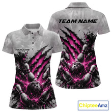 Load image into Gallery viewer, Front and back view of a women's bowling polo shirt mockup featuring a dramatic pink bowling ball and pins graphic with claw-mark artwork on a gray shirt.