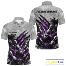 Load image into Gallery viewer, Front and back view of a men's bowling polo shirt mockup featuring a dramatic purple bowling ball and pins graphic with claw-mark artwork on a gray shirt.