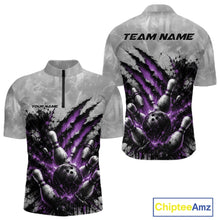 Load image into Gallery viewer, Front and back view of a men's bowling quarter zip shirt mockup showcasing a dramatic purple bowling ball and pins graphic with claw-mark artwork on a gray shirt.