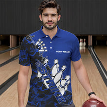 Load image into Gallery viewer, Custom Blue Camo Strike Bowling Polo Shirts For Men, Strike Team Bowling League Shirt Shirt IPHW8446