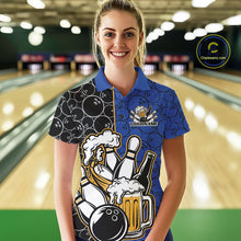 Load image into Gallery viewer, Custom Black And Blue Retro Bowling Beer Team Shirts For Women, Bowling Pattern Jerseys IPHW10537