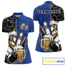 Load image into Gallery viewer, Custom Black And Blue Retro Bowling Beer Team Shirts For Women, Bowling Pattern Jerseys IPHW10537