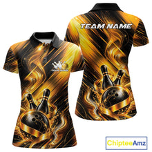 Load image into Gallery viewer, Front and back views of a women's bowling polo shirt mockup featuring a dynamic black and gold bowling ball and pins graphic with flowing metallic ribbon accents.
