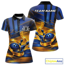 Load image into Gallery viewer, Front and back view of a women's bowling polo shirt mockup featuring a glossy blue bowling ball and pins wrapped in flowing gold ribbon accents.