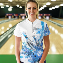 Load image into Gallery viewer, Custom White And Blue Custom Ladies Bowling Quarter-Zip Shirt, Bowling Tournament Shirt IPHW8461