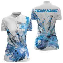 Load image into Gallery viewer, Custom White And Blue Custom Ladies Bowling Quarter-Zip Shirt, Bowling Tournament Shirt IPHW8461