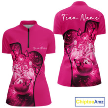 Load image into Gallery viewer, Custom Pink Butterfly Bowling Women Team Quarter-Zip Shirt, Ladies Bowlers Outfit IPHW11359