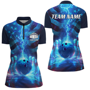 Custom American Flag Bowling Team Jersey, Patriotic Blue Lightning Bowling Tournament Shirt IPHW6676