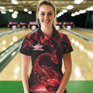 Custom Black Red Flame Scorpio Zodiac Bowling Women Polo Shirts, Scorpion Bowling Team IPHW8970