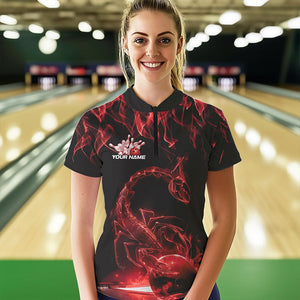 Custom Black Red Flame Scorpio Zodiac Bowling Women Quarter-Zip Shirt, Scorpion Bowling IPHW8970