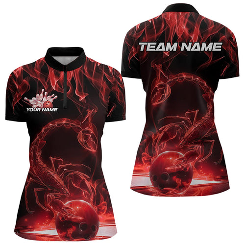 Custom Black Red Flame Scorpio Zodiac Bowling Women Quarter-Zip Shirt, Scorpion Bowling IPHW8970