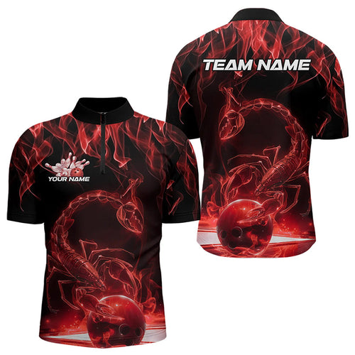 Custom Black And Red Flame Scorpio Zodiac Bowling Men Quarter-Zip Shirts, Scorpion Bowling Team IPHW8970