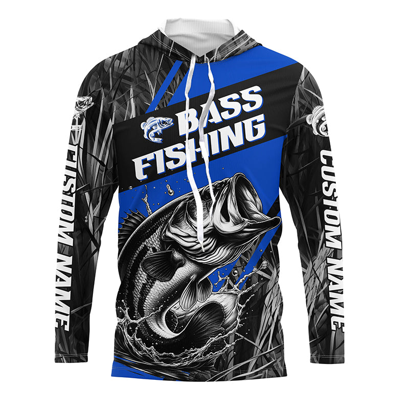 Black And Blue Camo Bass Long Sleeve Tournament Fishing Shirts, Custom Bass Fishing Jerseys IPHW6683