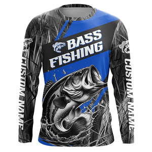 Black And Blue Camo Bass Long Sleeve Tournament Fishing Shirts, Custom Bass Fishing Jerseys IPHW6683