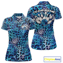 Load image into Gallery viewer, Front and back views of a womens gold, brown, and black leopard-print bowling polo with chest name text, bowling pins, and team name on the back.
